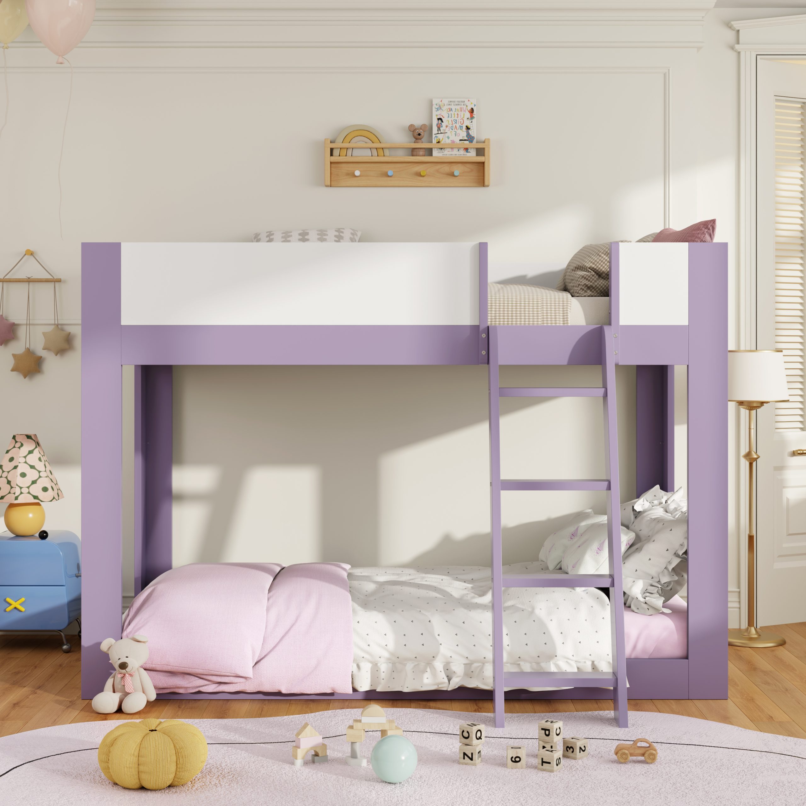Twin Size Low Convertible Bunk Bed With Reversible Ladder And Safety Guardrails