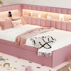 Upholstered Twin Size Platform Bed with Trundle, USB Ports and LED Belt