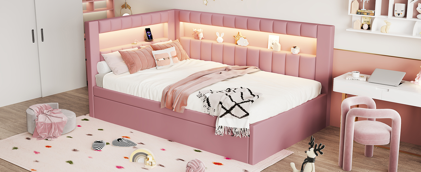 Upholstered Twin Size Platform Bed with Trundle, USB Ports and LED Belt