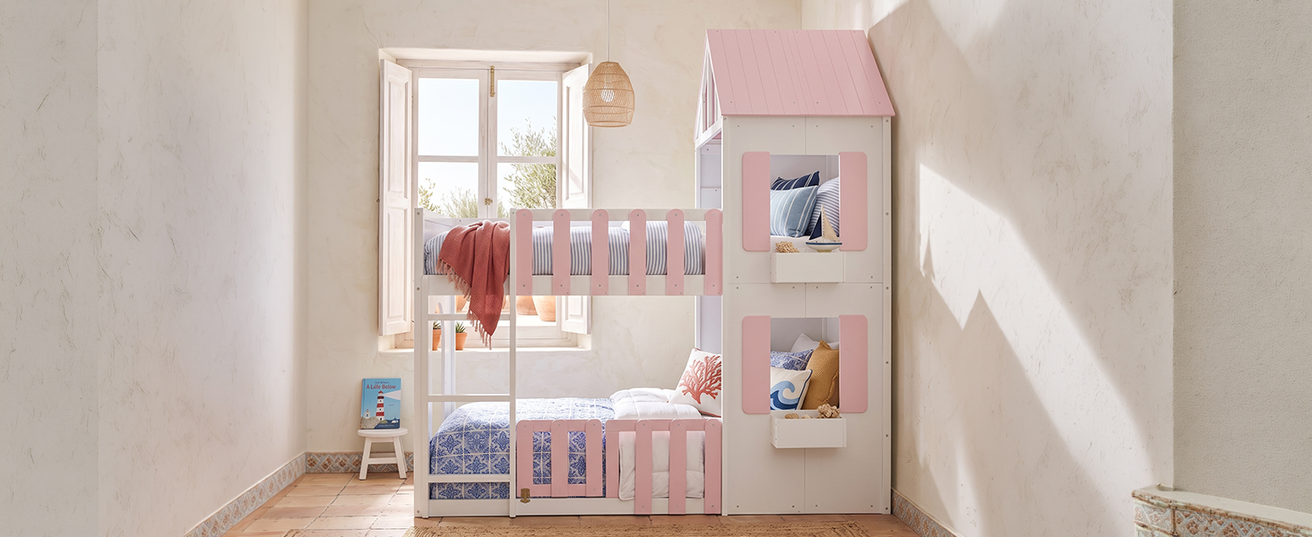 Modern Playful Design Twin Over Twin House Bunk Bed