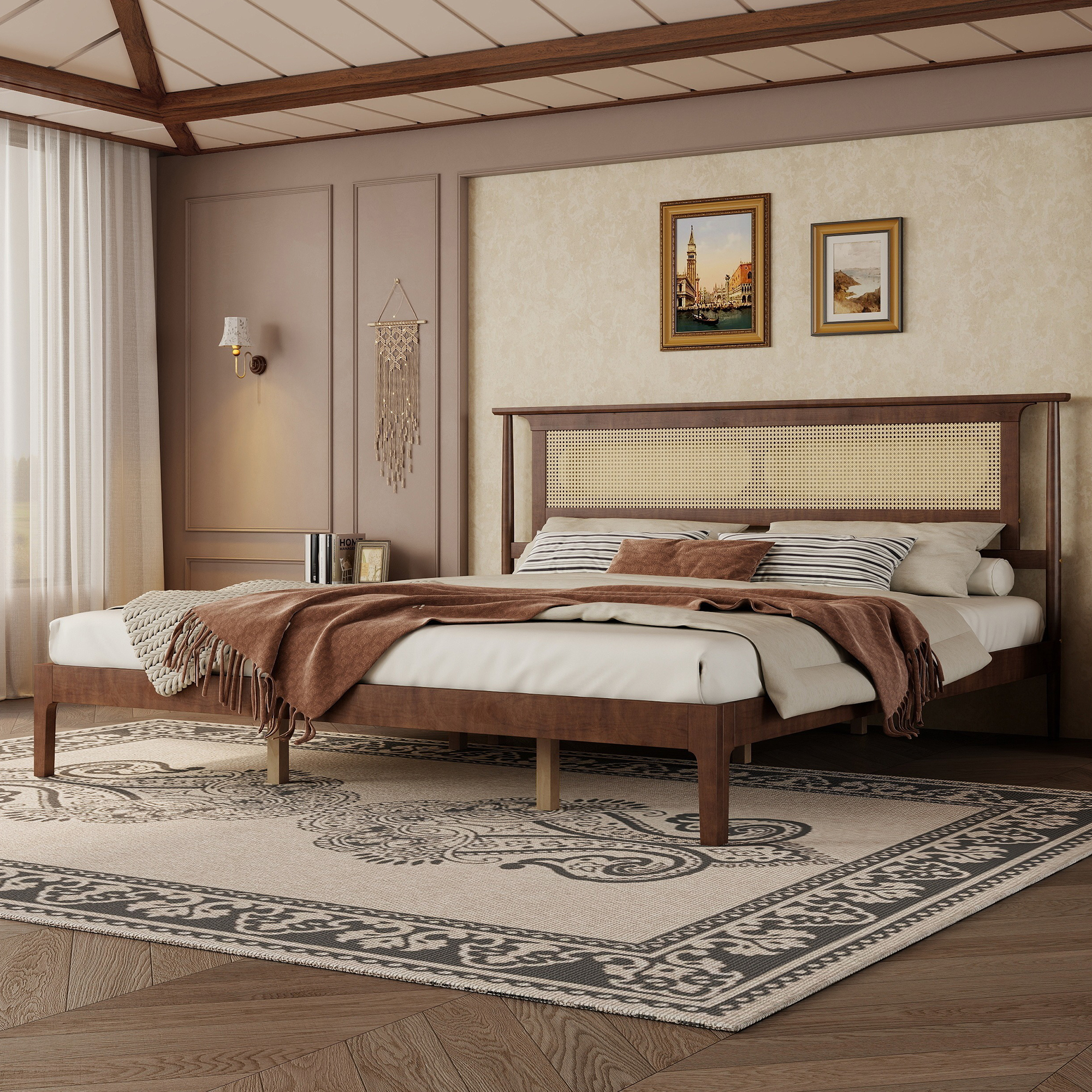 King Size Solid Wooden Bed with Rattan Headboard