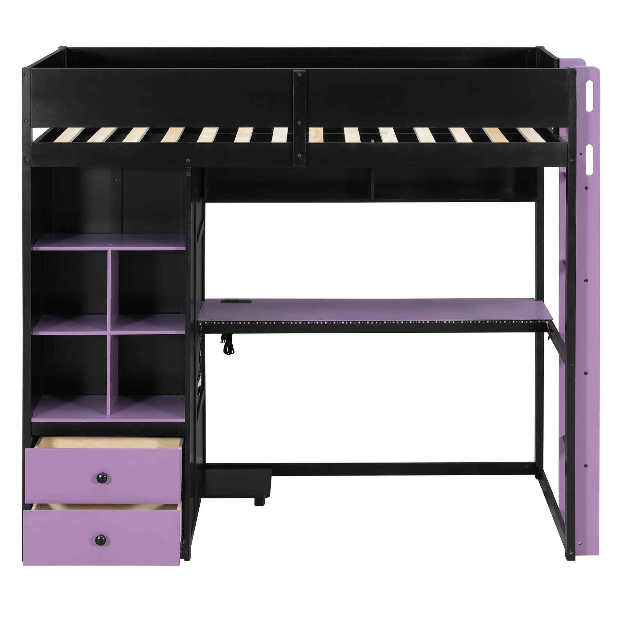 Twin Size Solid Wood Loft Bed with Desk, Storage Cabinet and Wardrobe