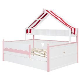 Full Size House-Shaped Daybed with Built-In Bookshelf and Trundle