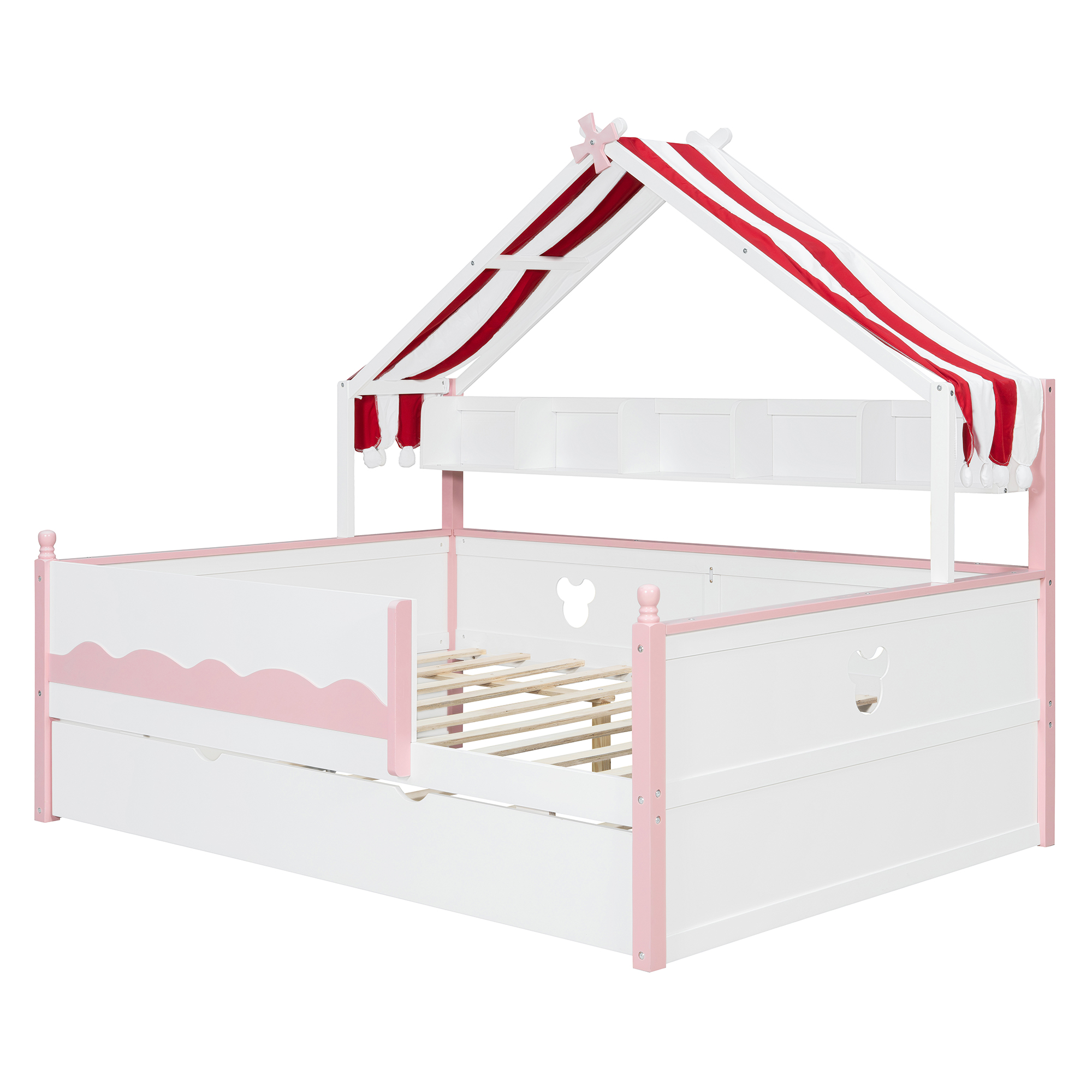 Full Size House-Shaped Daybed with Built-In Bookshelf and Trundle