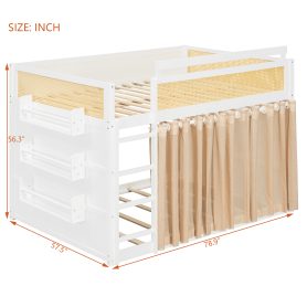 Full Size Bunk Bed with 3-Tier Storage Shelf, Rattan Decor, Privacy Curtains & Lights
