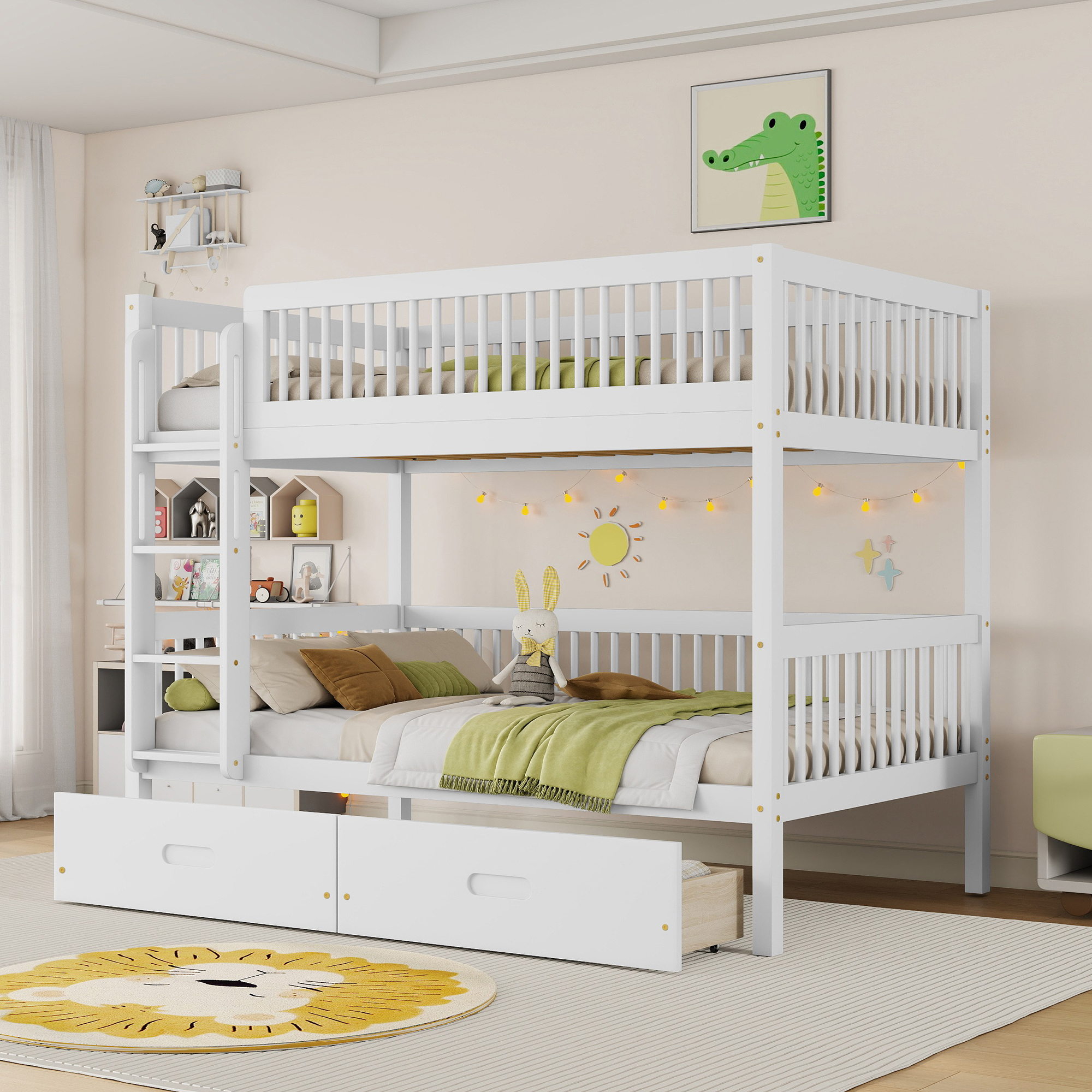 Twin Over Twin Pine Wood Bunk Bed With 2 Drawers, Convertible into 2 Twin Beds
