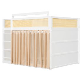 Full Size Bunk Bed with 3-Tier Storage Shelf, Rattan Decor, Privacy Curtains & Lights