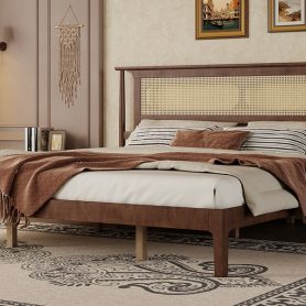 King Size Solid Wooden Bed with Rattan Headboard