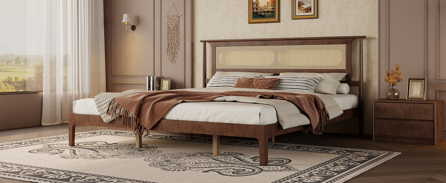 King Size Solid Wooden Bed with Rattan Headboard