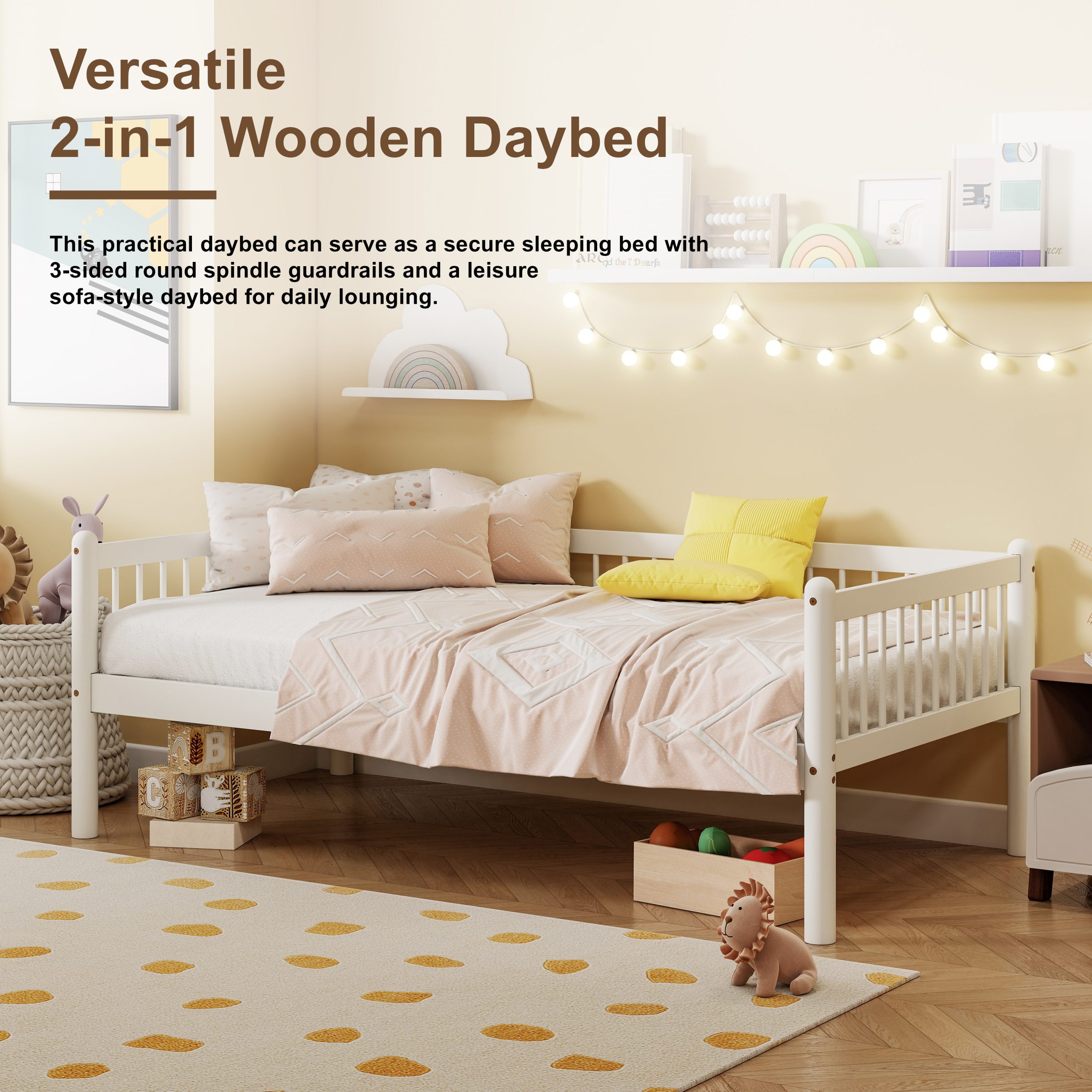 Twin Pine Wood Daybed With 3-Side Guardrails & 10 Support Slats