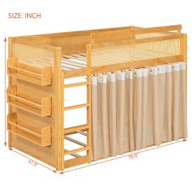 Twin Size Bunk Bed with 3-Tier Storage Shelf, Rattan Decor, Privacy Curtains & Lights