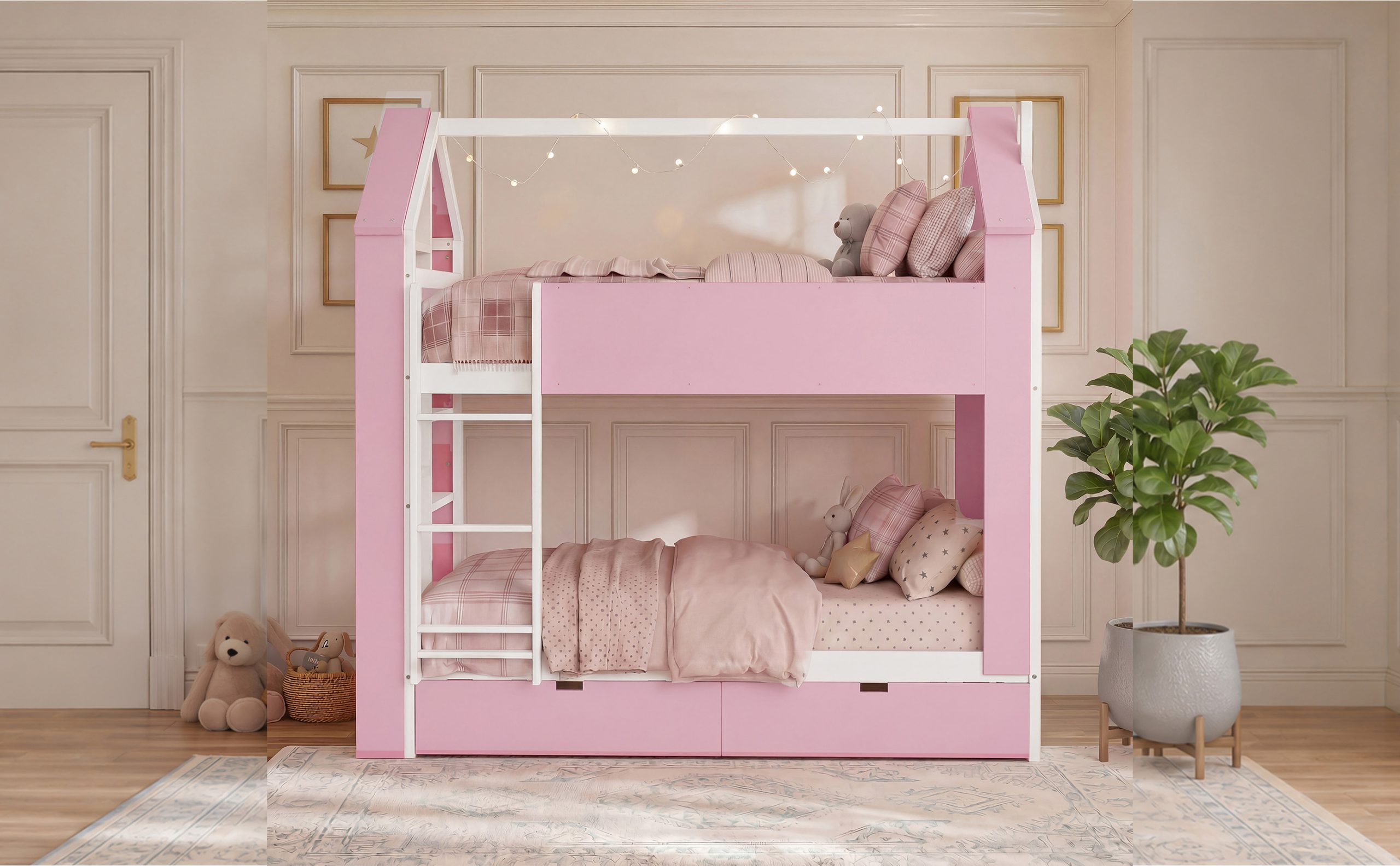 Twin Over Twin House Bed with Storage Drawers & Shelves