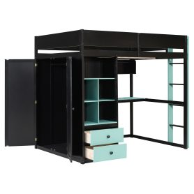 Full Size Solid Wood Loft Bed with Desk, Storage Cabinet and Wardrobe