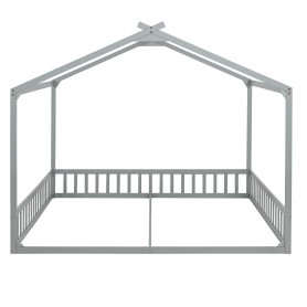 Double Twin House-Shaped Floor Bed with Safety Guardrails