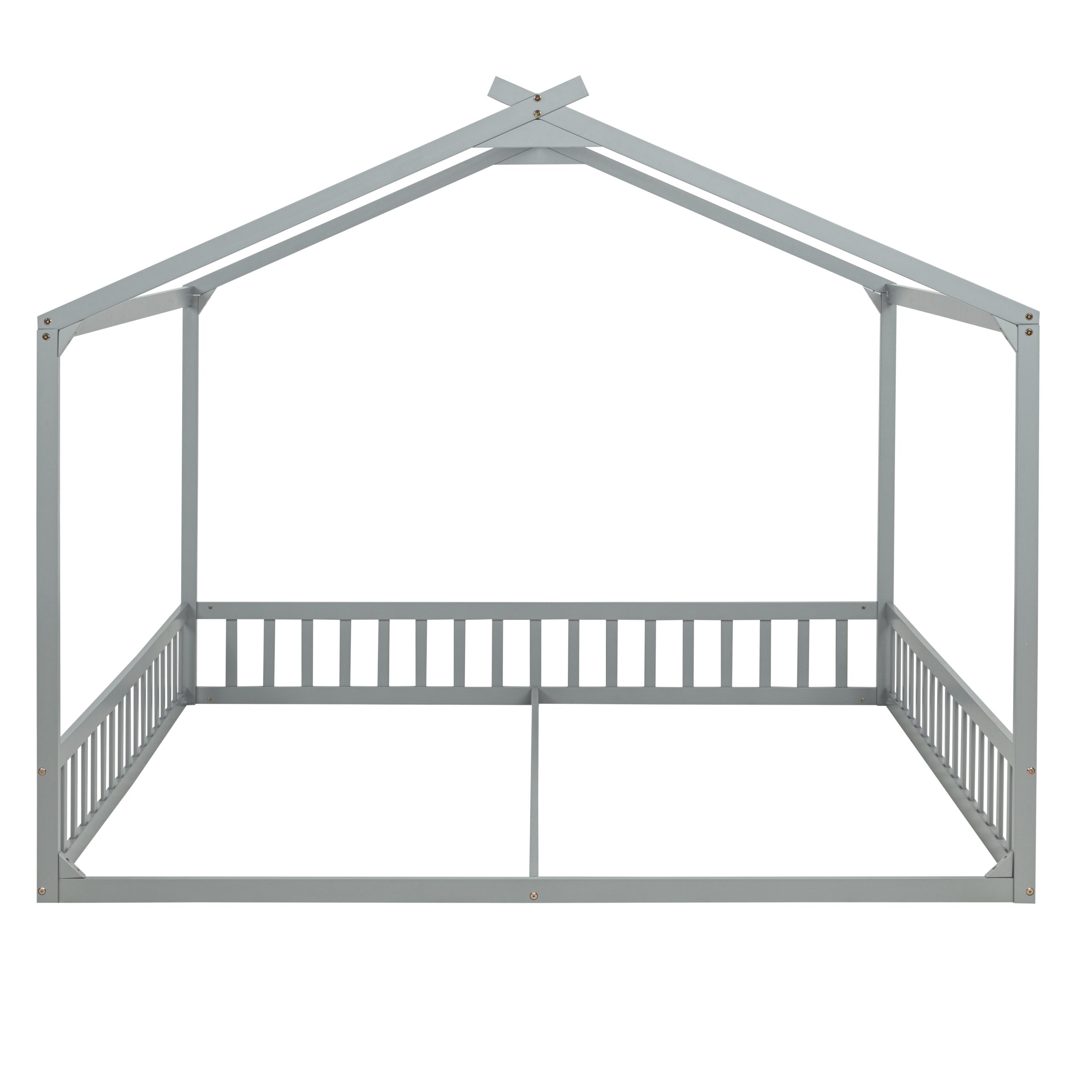 Double Twin House-Shaped Floor Bed with Safety Guardrails