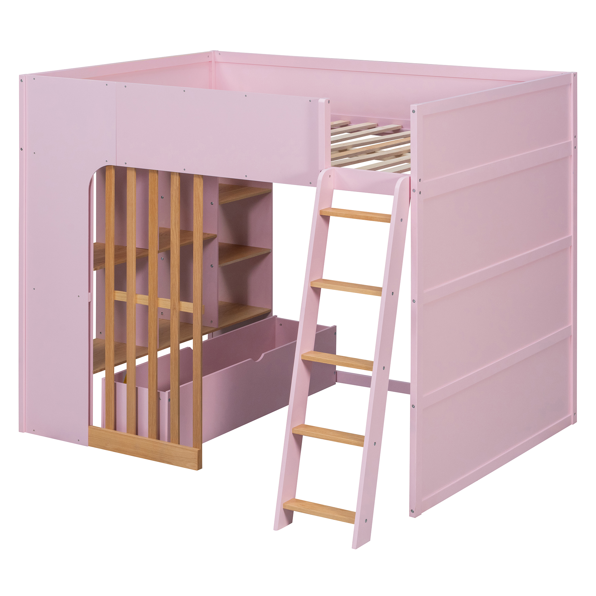 Full Size Wooden High Sleeper Loft Bed with Ladder and Storage Shelves