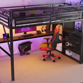 Metal Queen Size Loft Bed With Desk, Charging Station, Stairs And Light