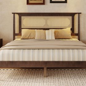Queen Size Solid Wooden Bed with Rattan Headboard