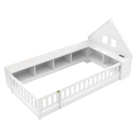 Twin Size Wood Floor Bed With Guardrail,  Storage Cabinets, LED, USB Port & Plug Outlets
