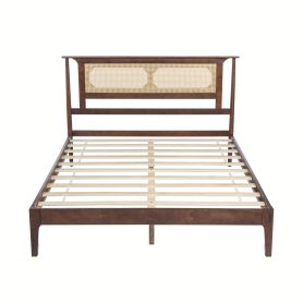 Queen Size Solid Wooden Bed with Rattan Headboard