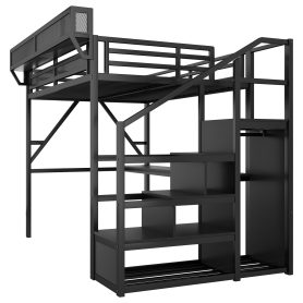 Metal Queen Size Loft Bed With Desk, Charging Station, Stairs And Light