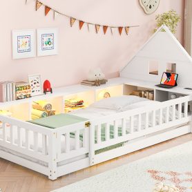 Twin Size Wood Floor Bed With Guardrail,  Storage Cabinets, LED, USB Port & Plug Outlets