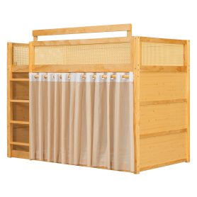 Twin Size Bunk Bed with 3-Tier Storage Shelf, Rattan Decor, Privacy Curtains & Lights