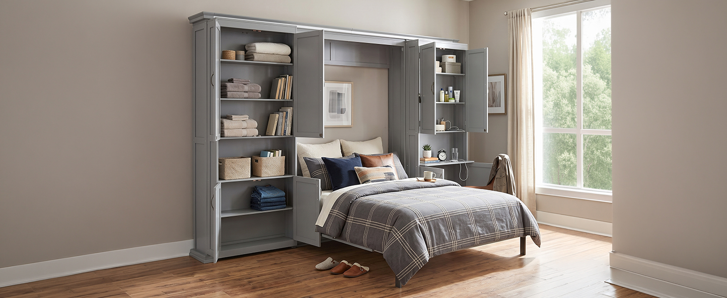 Queen-size Murphy Bed with Dual Sliding Storage Cabinets