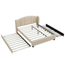 Queen Size Upholstered Platform Bed With Wingback Headboard, One Twin Trundle And 2 Drawers