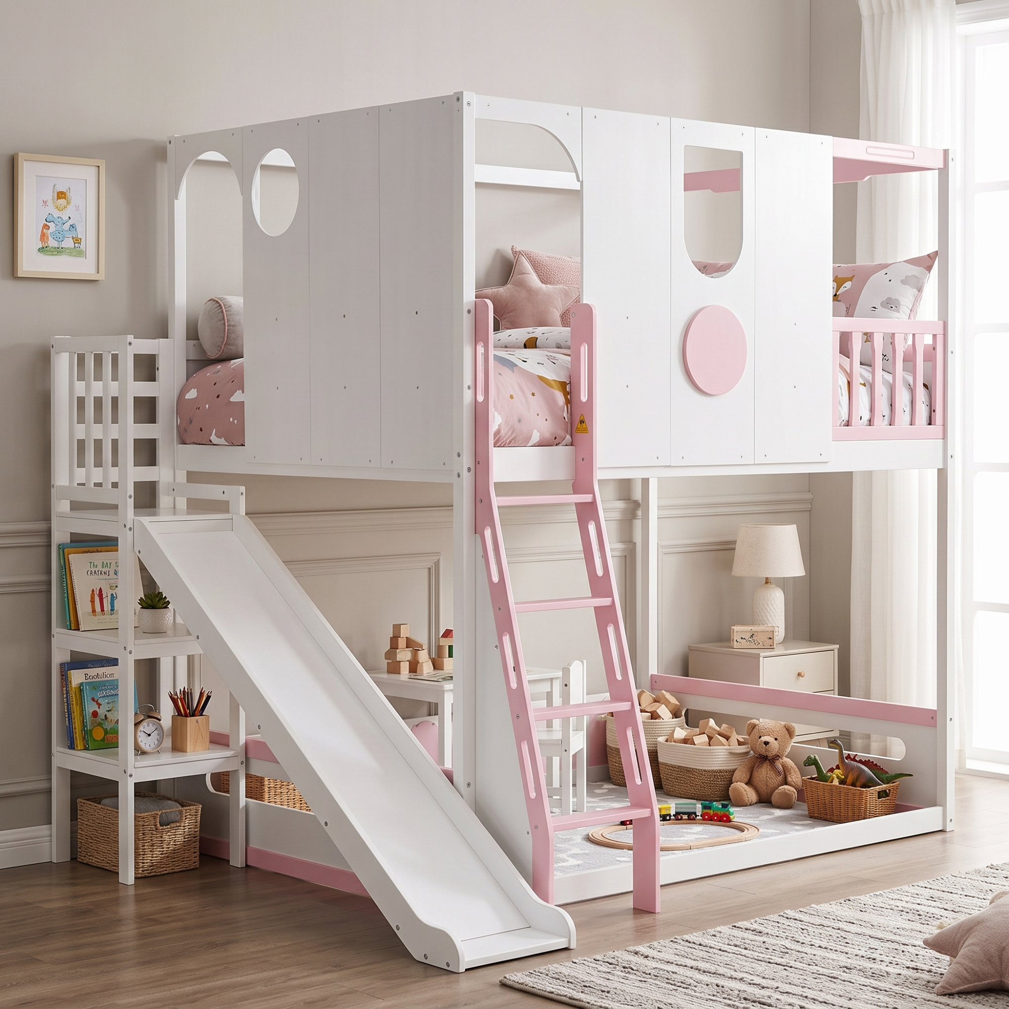 Full Size Kids Loft Bed With Slide, Storage Shelves And Guardrails