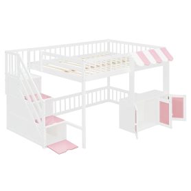 Full Size Loft Bed with Storage Steps, LED Light, Under Bed Cabinets