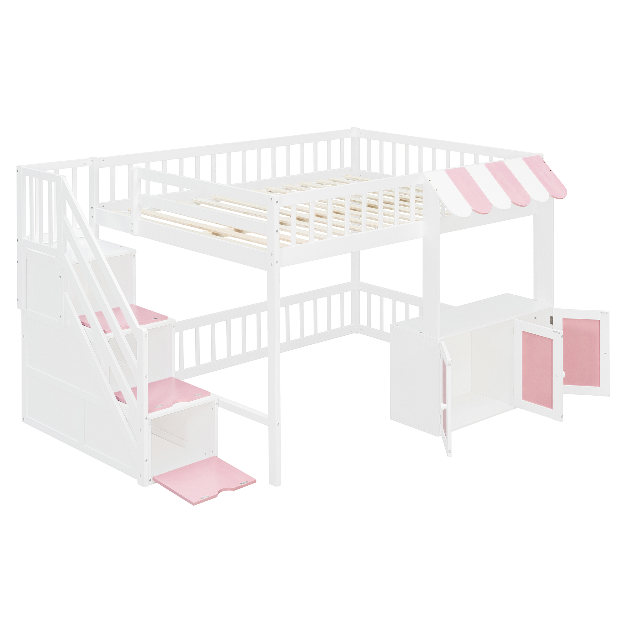 Full Size Loft Bed with Storage Steps, LED Light, Under Bed Cabinets