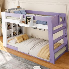 Twin Over Twin XL Bunk Bed with Storage Shelves & Guardrail Storage Basket