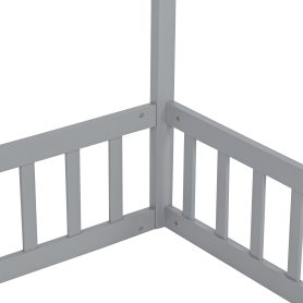 Double Twin House-Shaped Floor Bed with Safety Guardrails