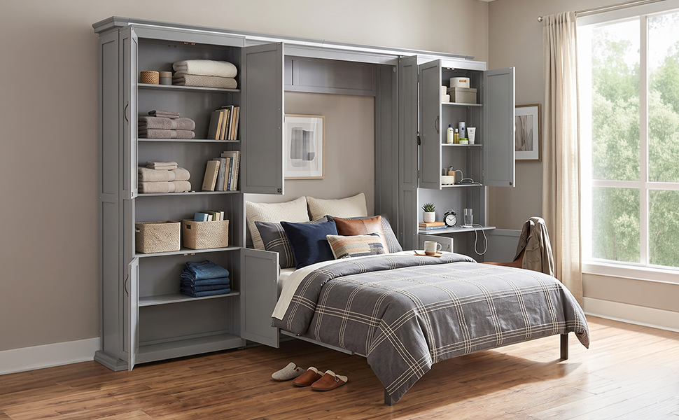 Queen-size Murphy Bed with Dual Sliding Storage Cabinets