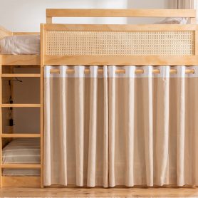 Twin Size Bunk Bed with 3-Tier Storage Shelf, Rattan Decor, Privacy Curtains & Lights