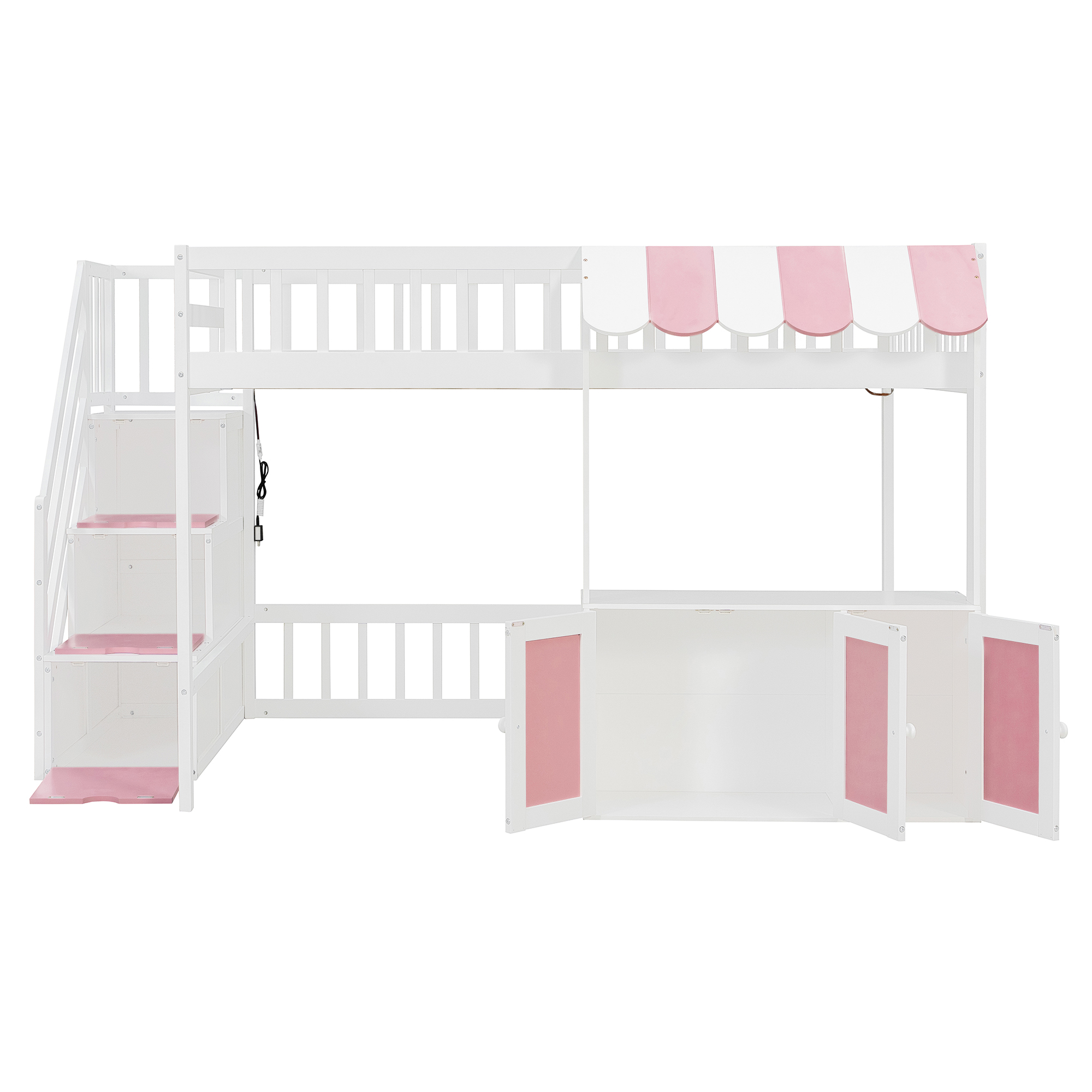 Full Size Loft Bed with Storage Steps, LED Light, Under Bed Cabinets