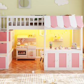 Twin Size Loft Bed with Storage Steps, LED Light, Under Bed Cabinets