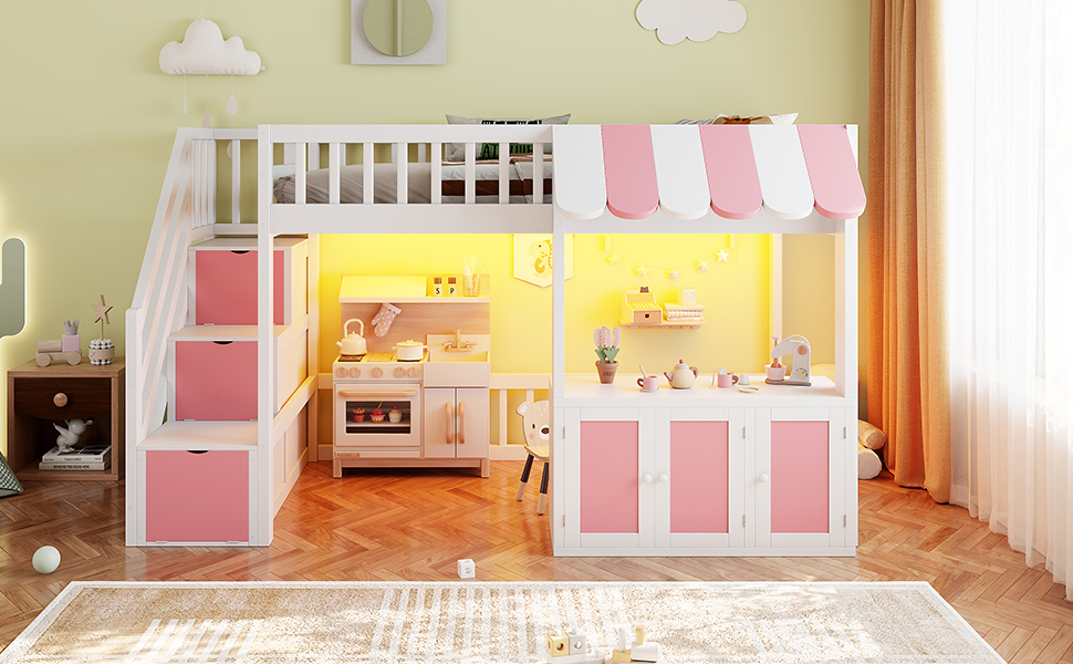 Twin Size Loft Bed with Storage Steps, LED Light, Under Bed Cabinets