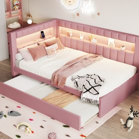 Upholstered Twin Size Platform Bed with Trundle, USB Ports and LED Belt