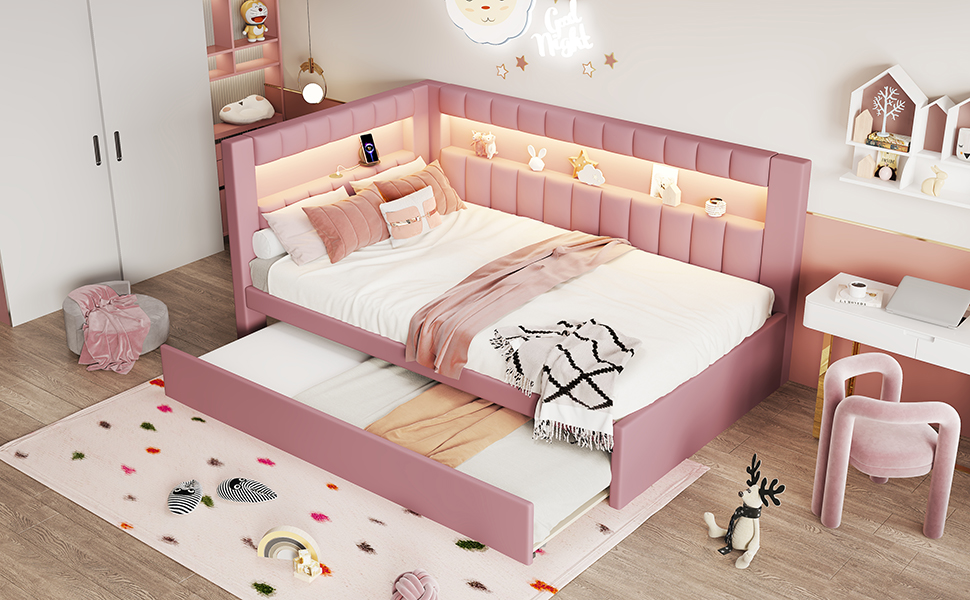Upholstered Twin Size Platform Bed with Trundle, USB Ports and LED Belt