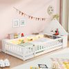 Twin Size Wood Floor Bed With Guardrail, Storage Cabinets, LED, USB Port & Plug Outlets