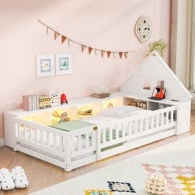 Twin Size Wood Floor Bed With Guardrail,  Storage Cabinets, LED, USB Port & Plug Outlets