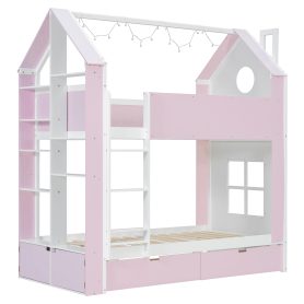Twin Over Twin House Bed with Storage Drawers & Shelves
