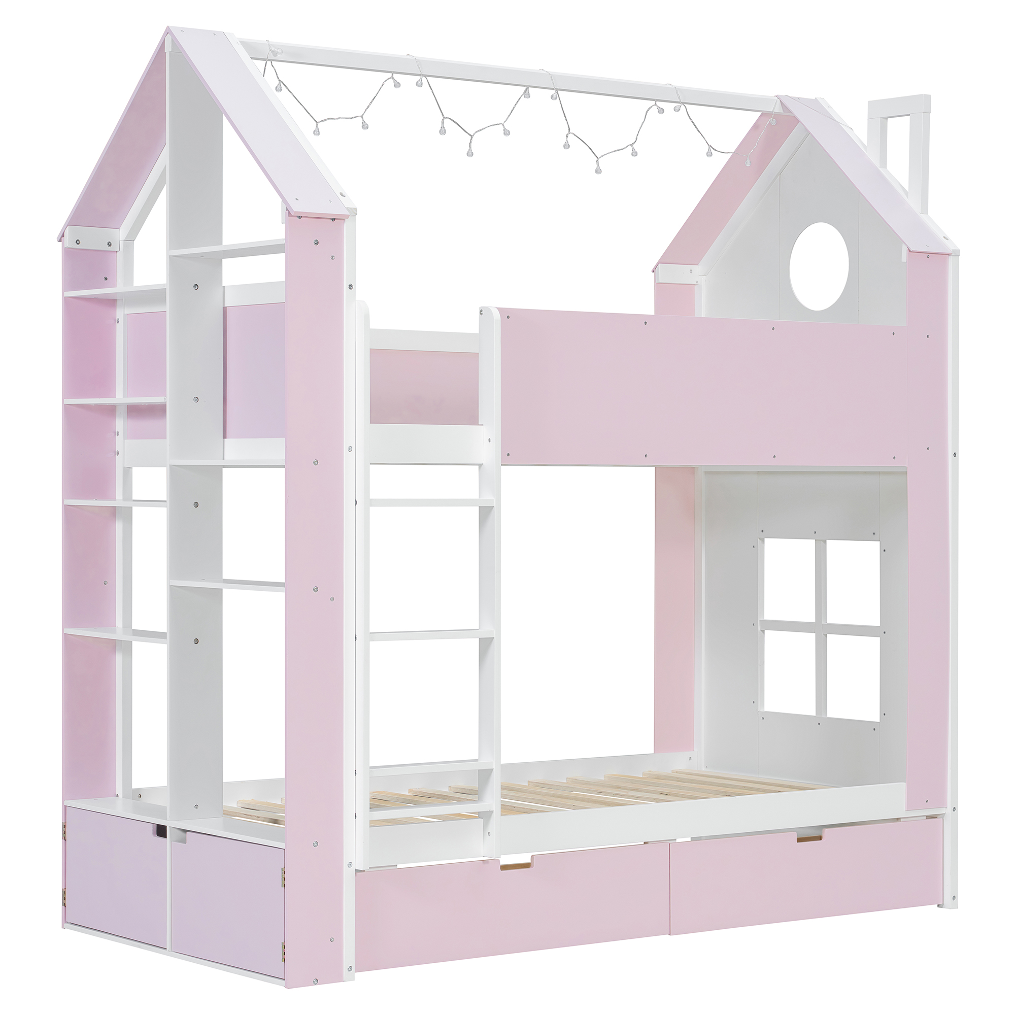 Twin Over Twin House Bed with Storage Drawers & Shelves
