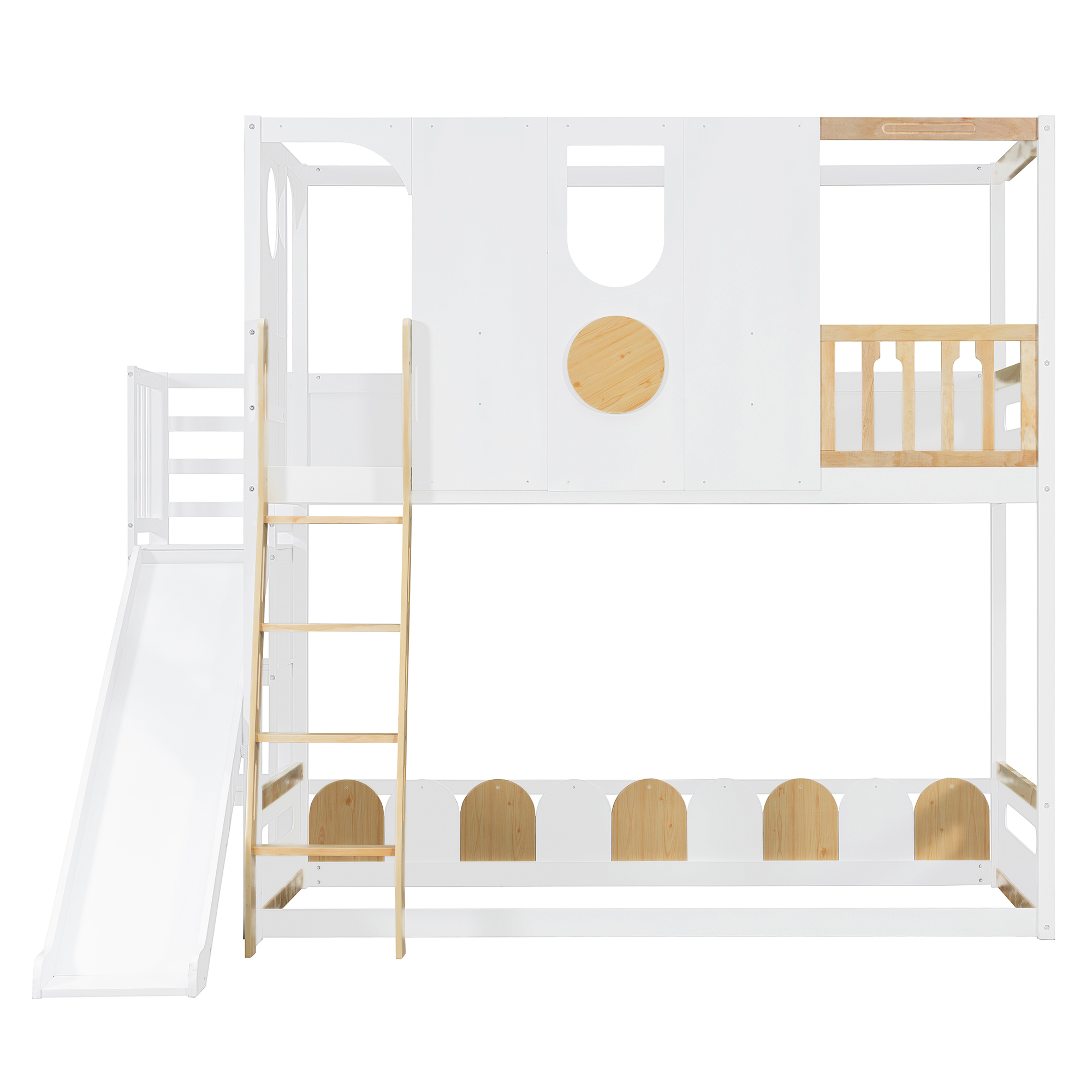 Twin Size Kids Loft Bed With Slide, Storage Shelves And Guardrails