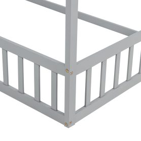 Double Twin House-Shaped Floor Bed with Safety Guardrails