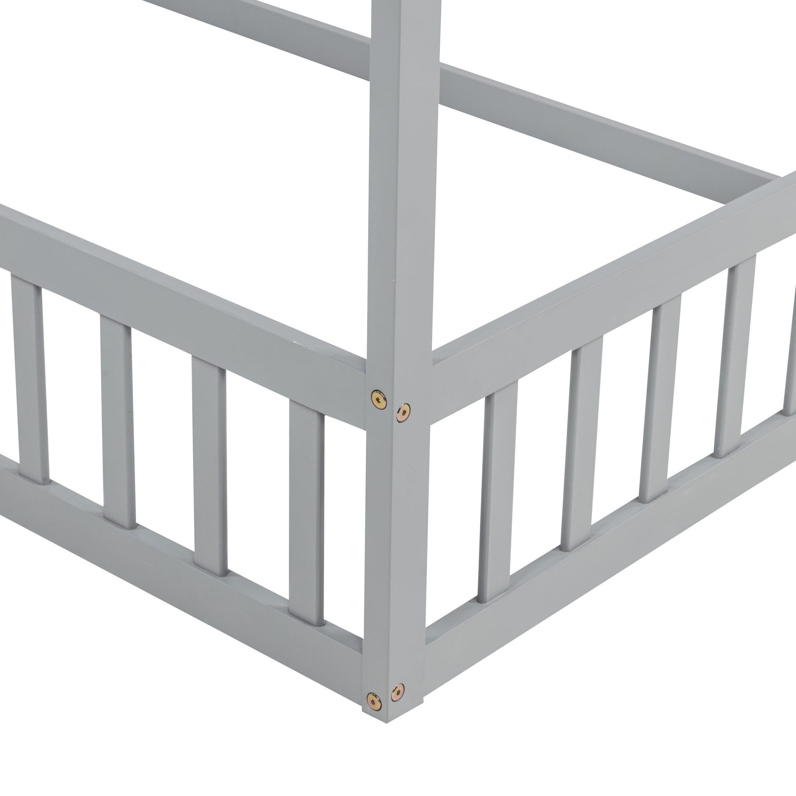 Double Twin House-Shaped Floor Bed with Safety Guardrails