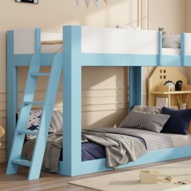 Twin Size Low Convertible Bunk Bed With Reversible Ladder And Safety Guardrails