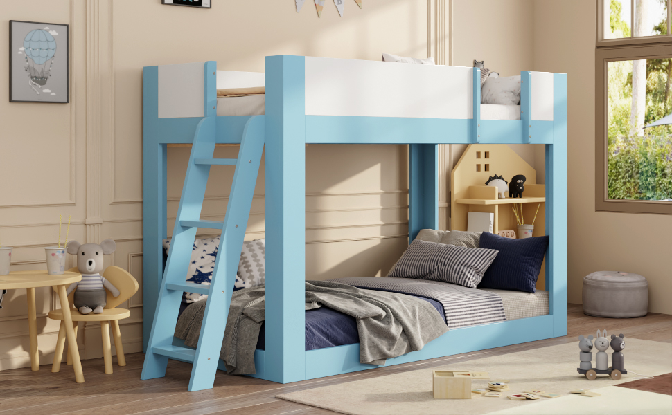 Twin Size Low Convertible Bunk Bed With Reversible Ladder And Safety Guardrails